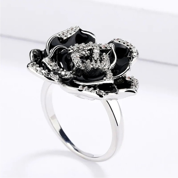 New Sterling Silver Onyx White Sapphire Rose Ring - Picture 5 of 7